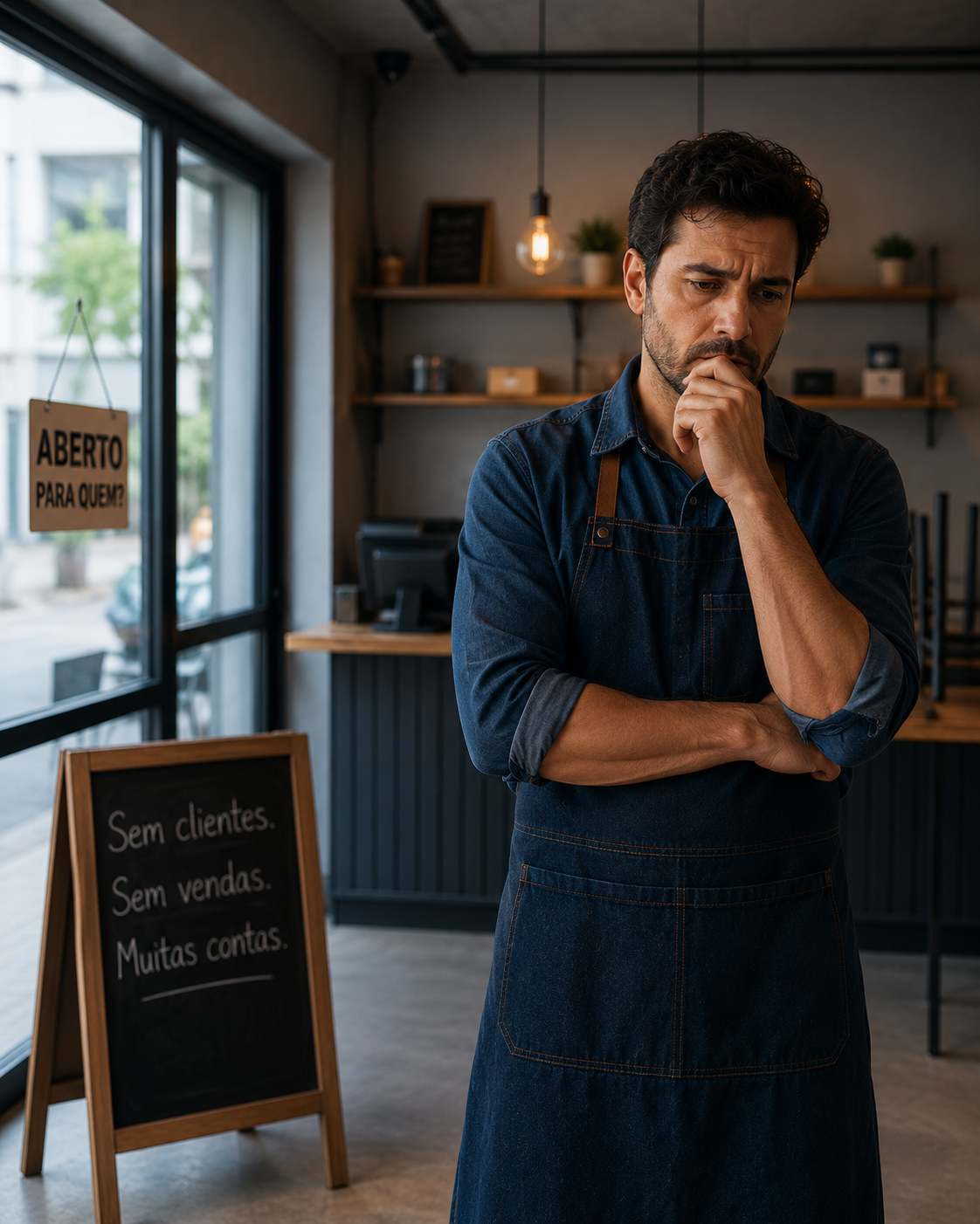 Empresário preocupado dentro de seu comércio com placa 'Sem clientes, sem vendas, muitas contas'