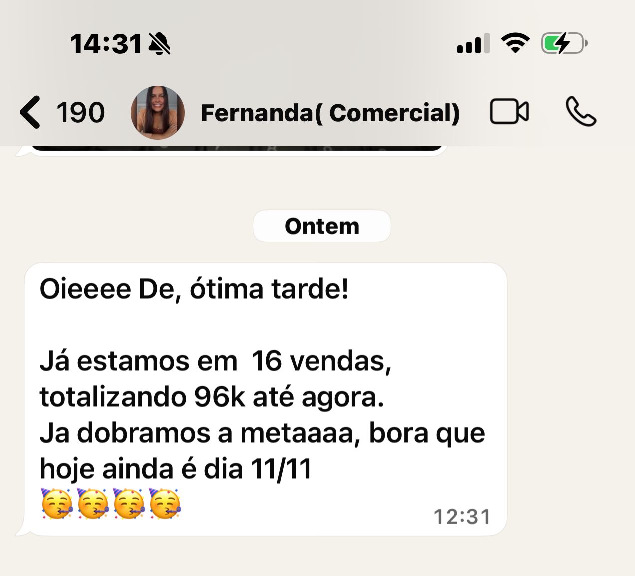 Print de conversa: 16 vendas totalizando 96k no 11/11