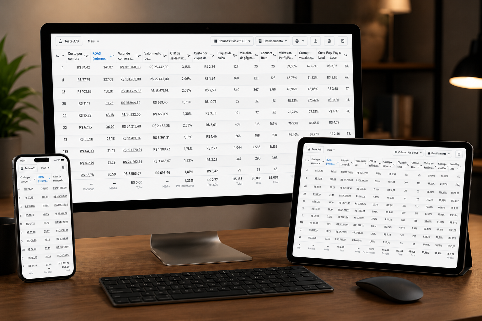 Dashboard de anúncios em monitor, tablet e celular